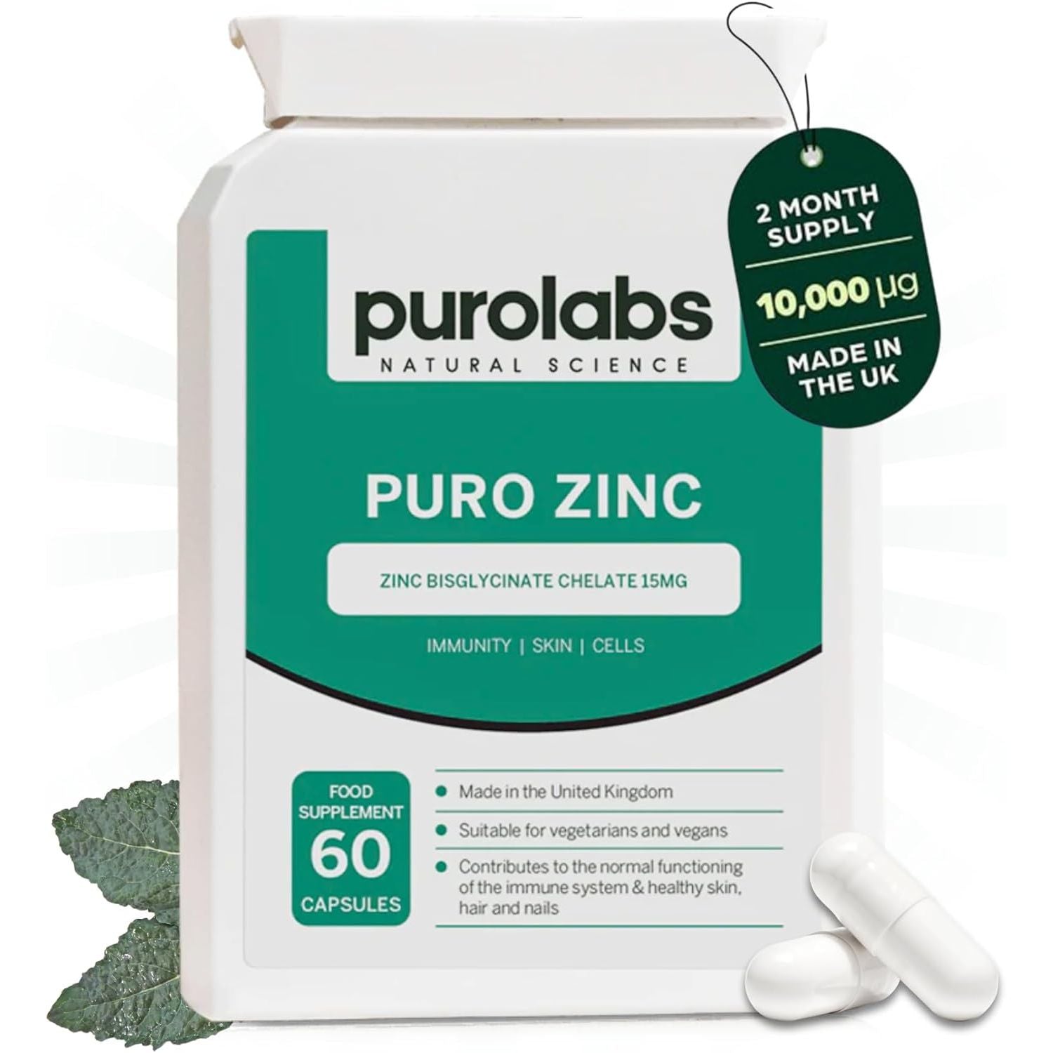 High Strength Zinc Supplement 15Mg by Purolabs - Chelated Zinc Bisglycinate - Vegan Capsules - High Absorption Tablets for Men & Women - Immune & Skin Support Supplements - 60 Count