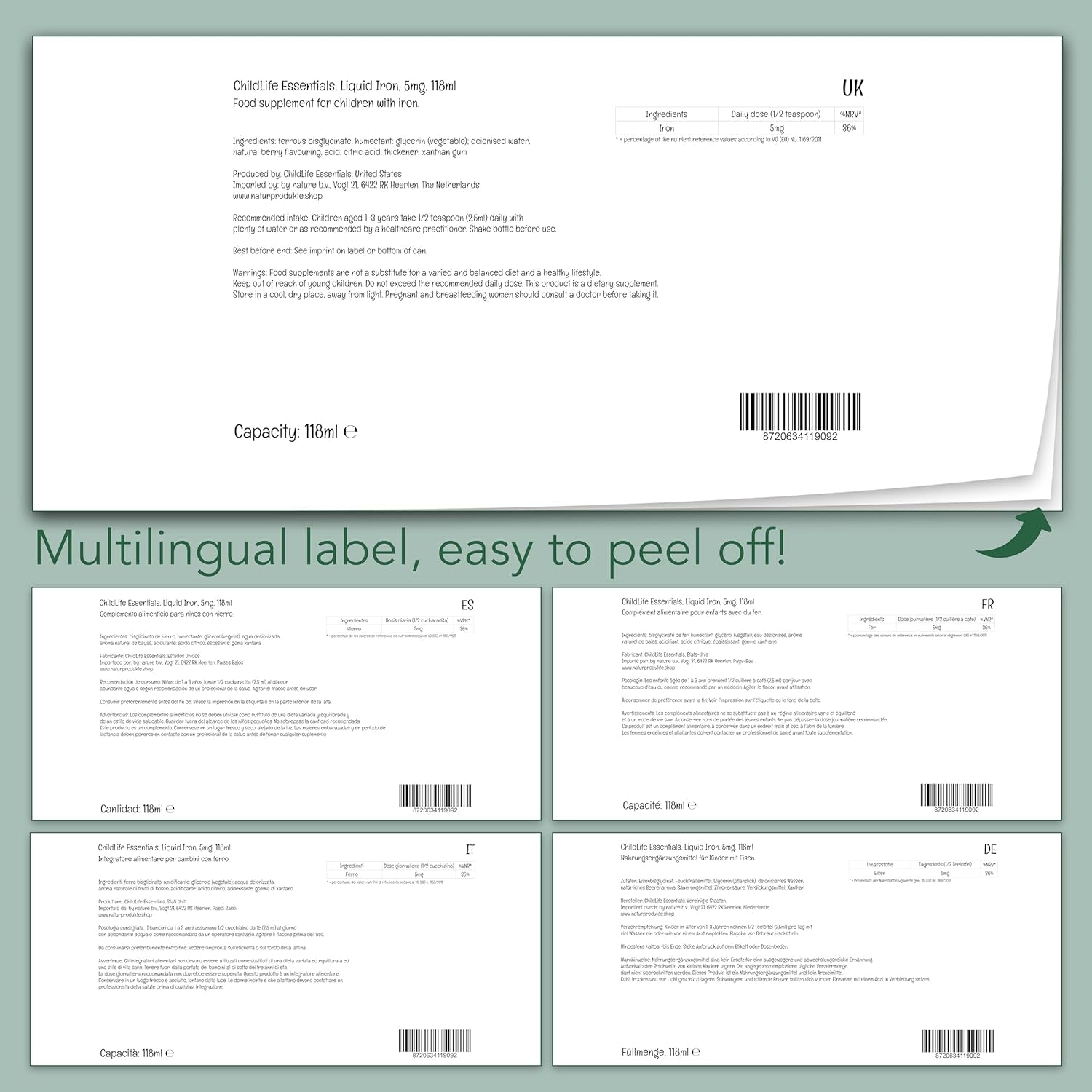 Childlife Essentials, Liquid Iron, Vegan Iron Drops for Children, 118Ml, Vegetarian, Gluten Free, Soy Free, GMO Free