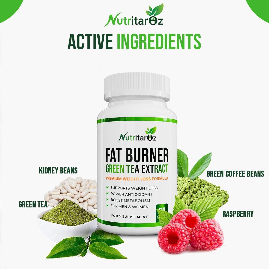 Fat Burner - Weight Loss Pills for Men & Women, Slimming Supplement with Green Tea Extract to Improve Metabolism & Energy, Appetite Suppressant, Diet Supplement - 60 Vegetarian Tablets - Nutritaroz