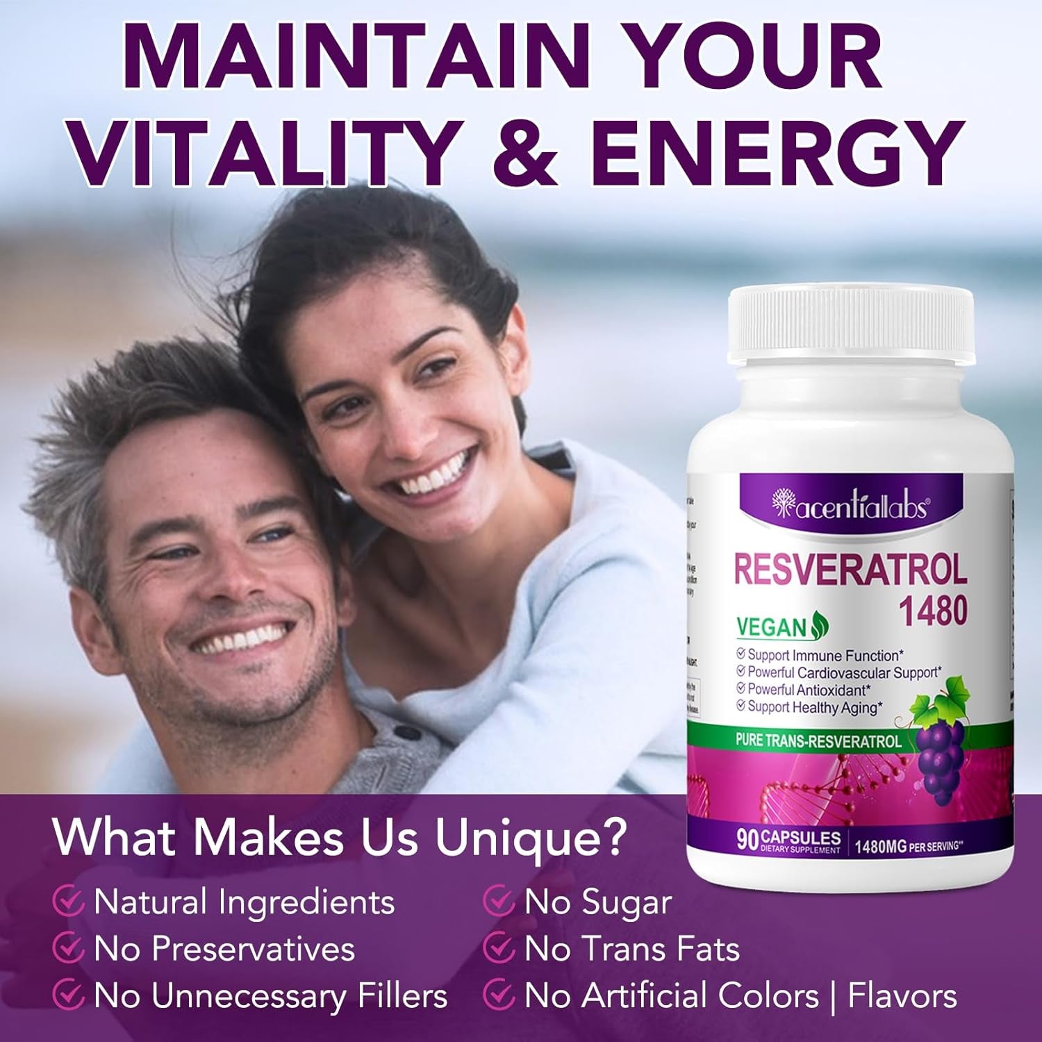 Resveratrol Supplement 1480Mg, 90 Capsules High-Potency Trans-Resveratrol Supplement for Heart, Skin, and Anti-Aging Antioxidant