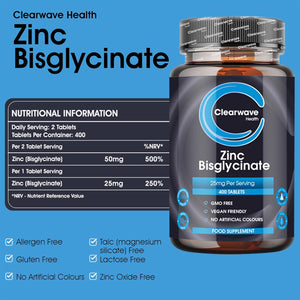 High Strength Zinc Tablets 50Mg in Bisglycinate | 400 Vegan Tablets | 6+ Months Supply | High Absorption Zinc Supplements for Men and Women | by Clearwave Health