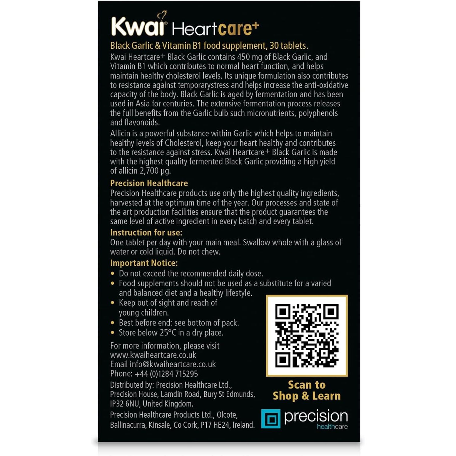 Kwai Heartcare+ Black Garlic | Garlic Capsules Odourless & Vitamin B1 I Healthy Cholesterol Levels and a Healthy Heart, Rich in Antioxidants | 450Mg Garlic per Tablet | 30 Tablets