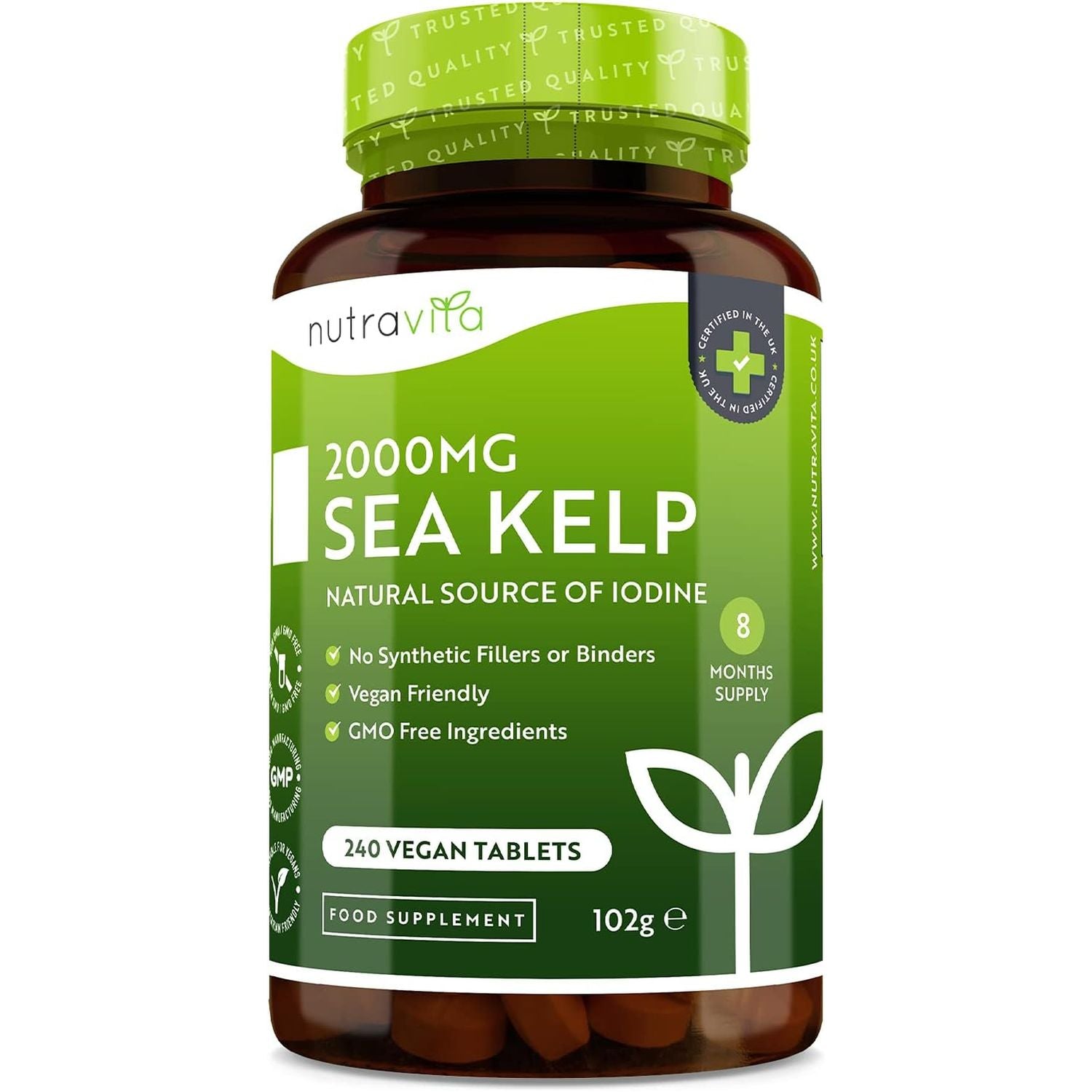 Sea Kelp 2000Mg - Natural Source of Iodine - Normal Cognitive Function, Energy Yielding Metabolism, Nervous System Function, Skin and Production of Thyroid Hormones - 8 Month Supply - Nutravita