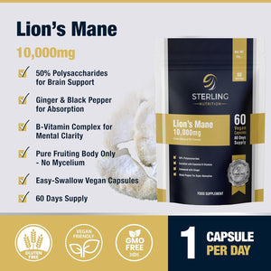 Extra Strength Lion'S Mane - Vegan Capsules for Adults, Pack of 60 Supplements (2 Months) | High Strength 10000Mg, B Vitamins, Black Pepper & Ginger to Support Brain Health | STERLING NUTRITION