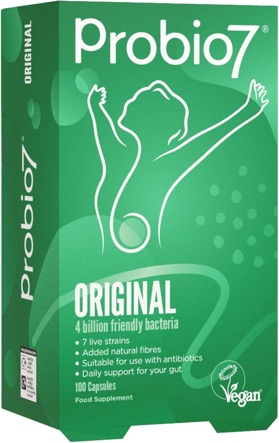 Probio7 Original | Vegan Approved | with 4 Billion CFU, 7 Live Bacterial Strains + 2 Types of Natural Fibre | Digestive Health Supplements, Probiotics for Gut Health, 100 Capsules