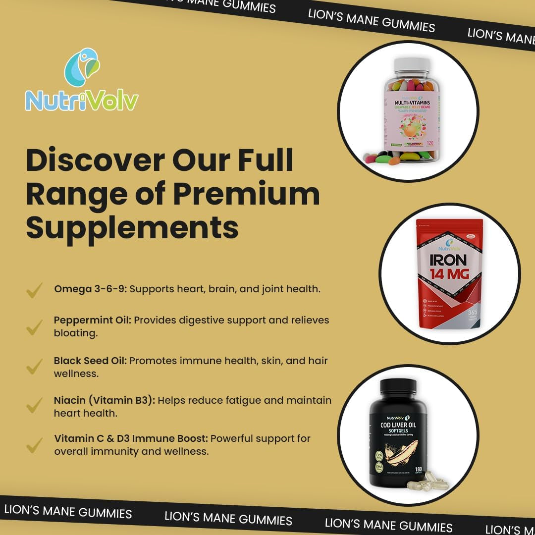 Lions Mane Gummies 4000Mg | Super Strength Lion'S Mane Supplement | 1 Month Supply | Mushroom Extract | Pineapple Flavour | 60 Vegan Gummies | Sugar Free | Focus, Mental Performance | by Nutrivolv