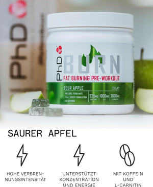 Phd Burn Pre Workout Powder with L Carnitine for Women and Men, Rich in CLA, High Caffeine for Pre-Workout, Sour Apple Flavour, 20 Servings (200G)