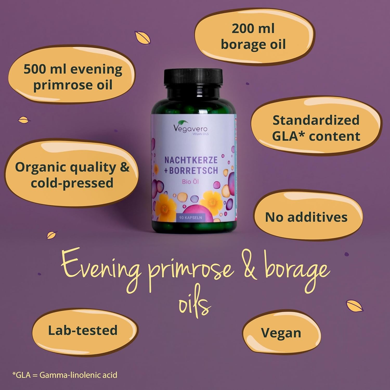 Vegavero Organic Evening Primrose Oil | with Organic Borage Seed Oil | Cold-Pressed | 90 Capsules | NO Additives, Lab-Tested | Rich in Linoleic Acid, Omega 3 & GLA | Vegan