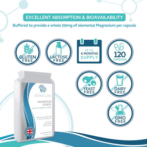 Magnesium Citrate 500Mg 120 Capsules - Providing 150Mg of Active Elemental Magnesium - High Potency - Easily Absorbable - Highly Bioavailable - UK Manufactured