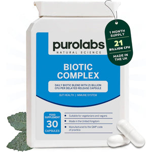 Purolabs Probiotic Complex for Gut Health | High Strength Probiotic for Men and Women | 21 Billion CFU with Prebiotic | 30 Vegan Capsules | Made in the UK