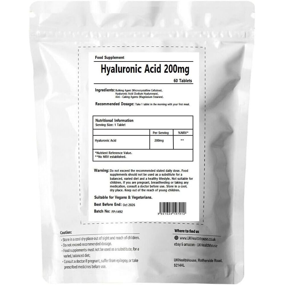 Ukhealthhouse Hyaluronic Acid Supplement 200Mg Vegan High Strength Hyaluronic Acid Tablets Natural Skin, Hair & Joint Supplement for Women & Men (60 Tabs)