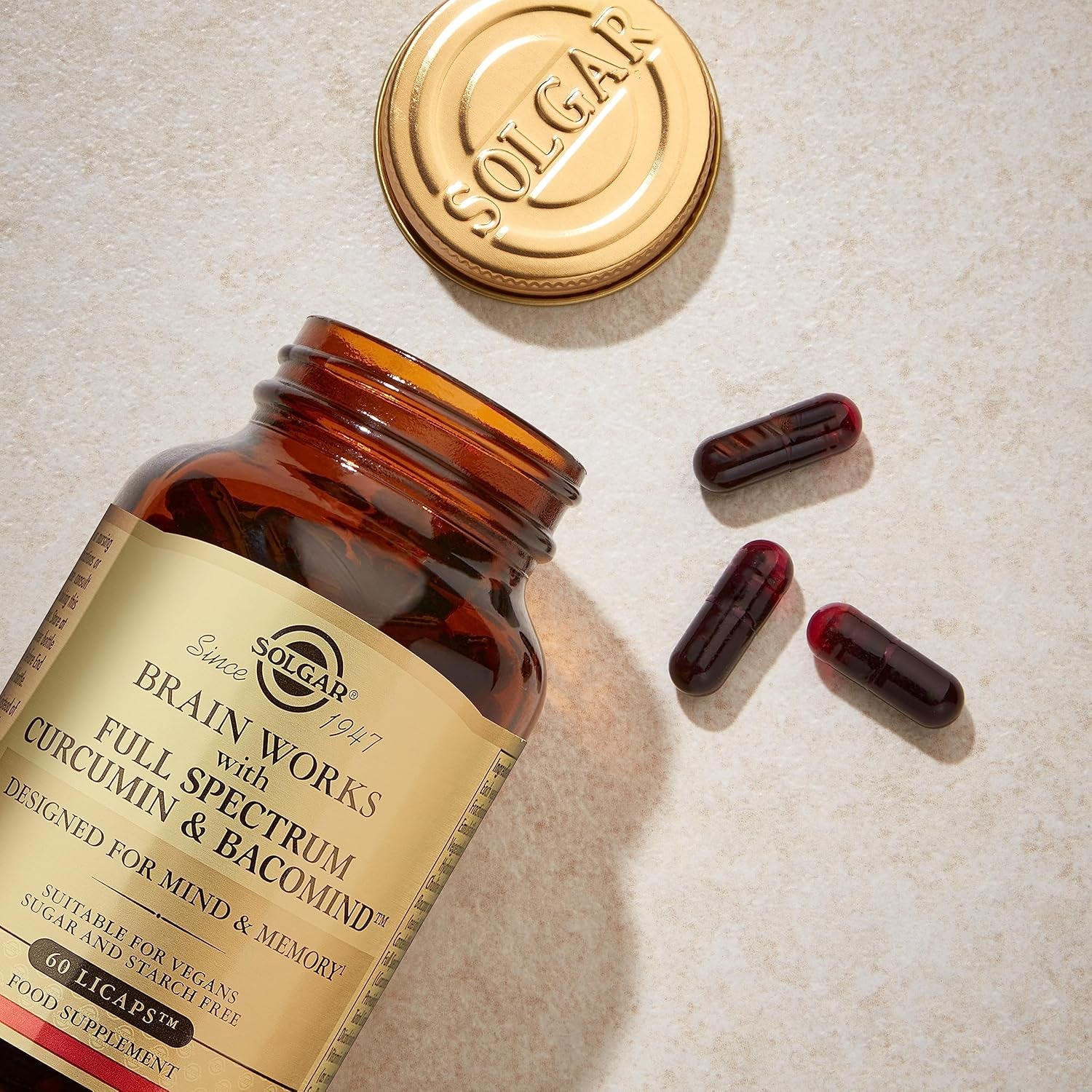 Solgar Brain Works with Full Spectrum Curcumin & Bacomind - Mind and Memory Vitamines - Choline Supplement - Supports Focus & Mental Performance - Gluten Free - Vegan Capsules - Pack of 60