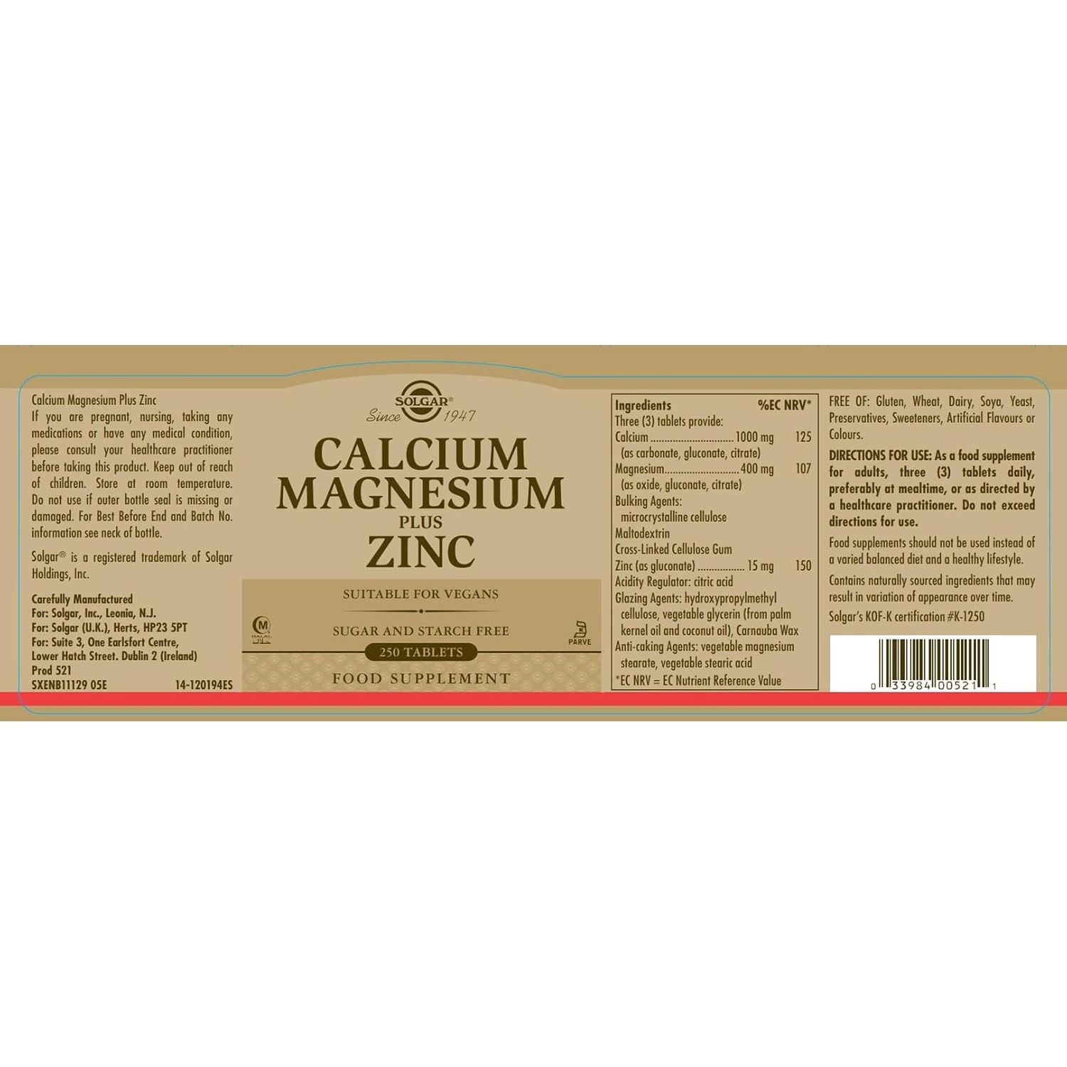 Solgar Calcium Magnesium plus Zinc Tablets - Pack of 250 - Healthy Bones, Teeth & Muscles - Supports Health of Nervous System - Vegan