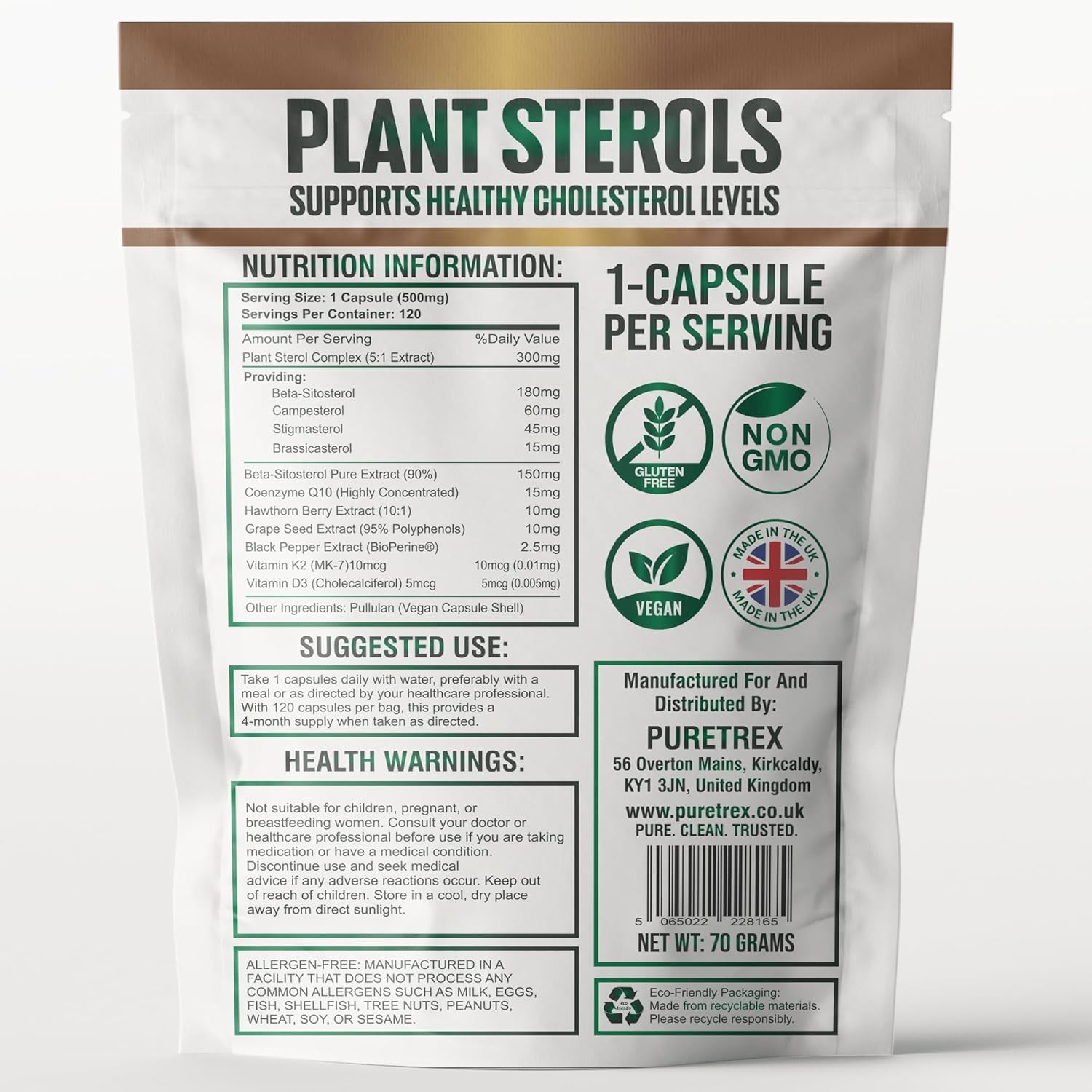 PURETREX Plant Sterols 2000MG Complex with Beta-Sitosterol - Supports Healthy Cholesterol Levels - with Hawthorn Berry & Grape Seed Extract - 120 Capsules - Gluten-Free & Non-Gmo Food Supplement