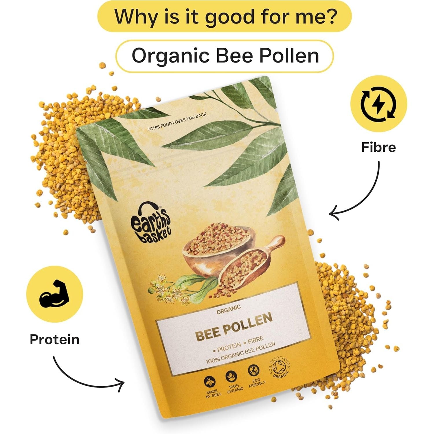 Earths Basket Organic Bee Pollen Granules - Spanish, Raw & Ethically Harvested - 75G in Recyclable Packaging - Healthy Immunity Support - Free from Any Artificial Additives