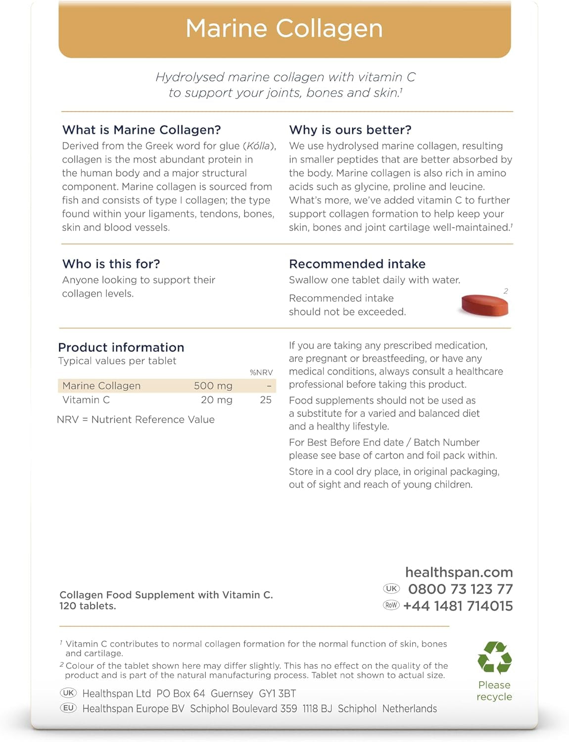 Healthspan Marine Collagen 500Mg (120 Tablets) | Hydrolysed Type I Marine Collagen | Support Your Skin, Bones & Joints | Added Benefits for Skin & Beauty | with Vitamin C