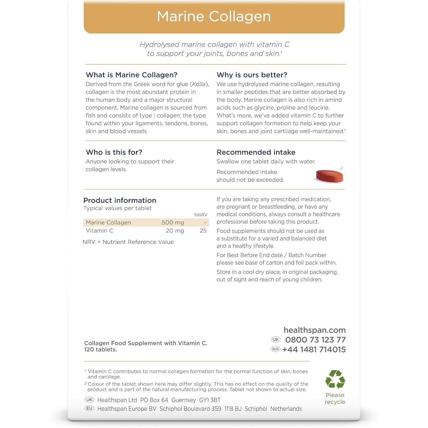 Healthspan Marine Collagen 500Mg (120 Tablets) | Hydrolysed Type I Marine Collagen | Support Your Skin, Bones & Joints | Added Benefits for Skin & Beauty | with Vitamin C