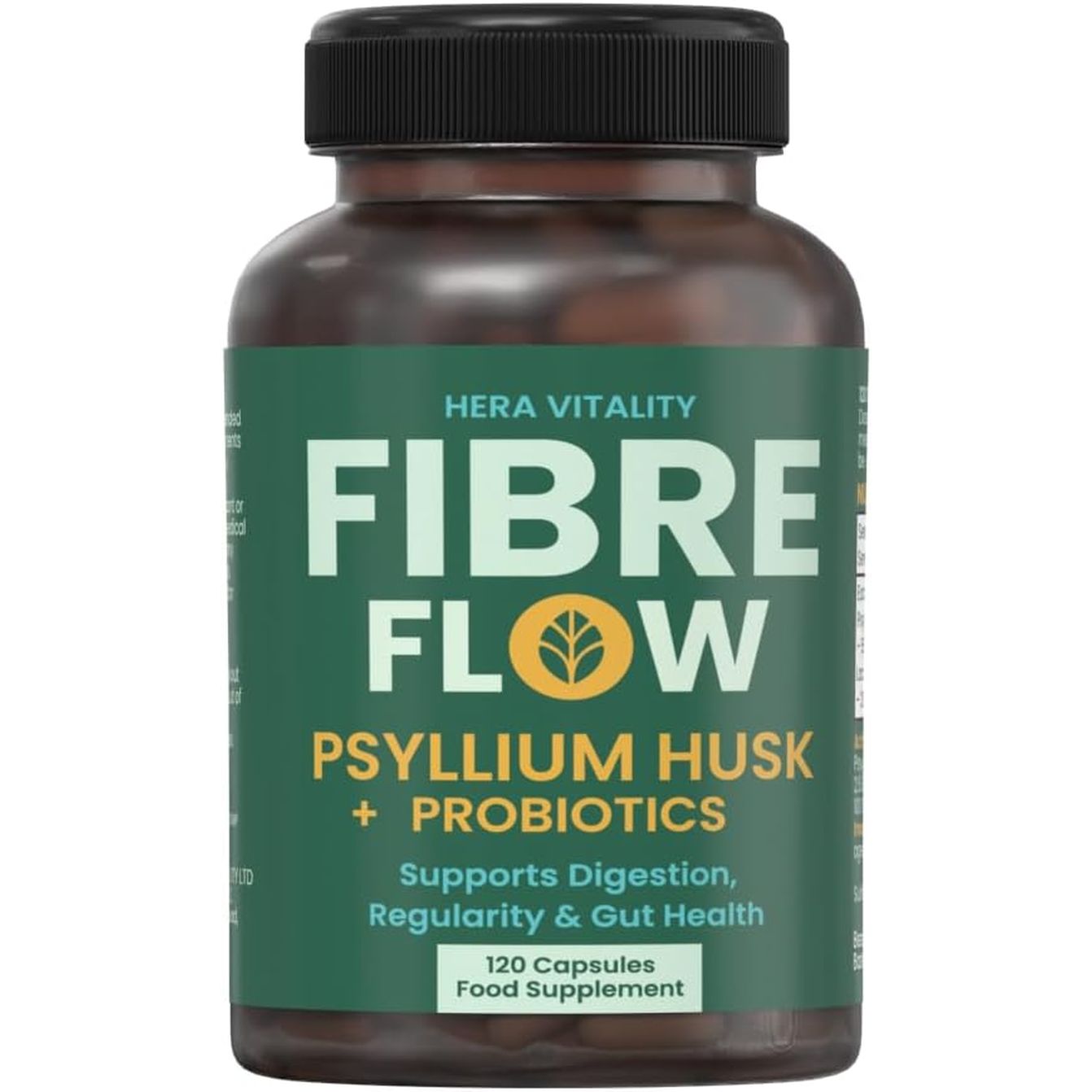 Psyllium Husk Fibre Flow Supplement with Probiotics | 120 Vegan Capsules | Daily Gut, Digestive & Heart Health Support | Natural Stool Fibre Boost HERA Vitality