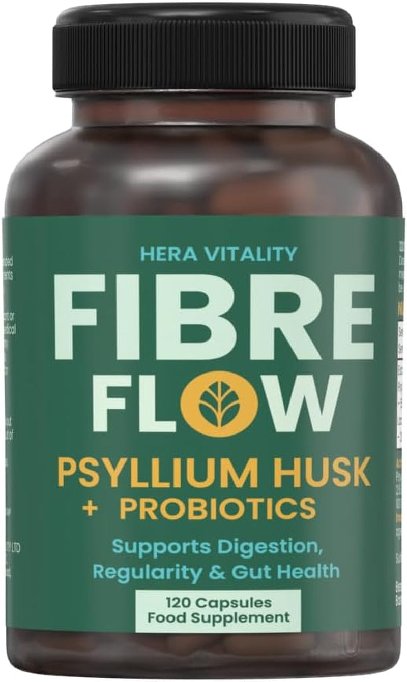 Psyllium Husk Fibre Flow Supplement with Probiotics | 120 Vegan Capsules | Daily Gut, Digestive & Heart Health Support | Natural Stool Fibre Boost HERA Vitality