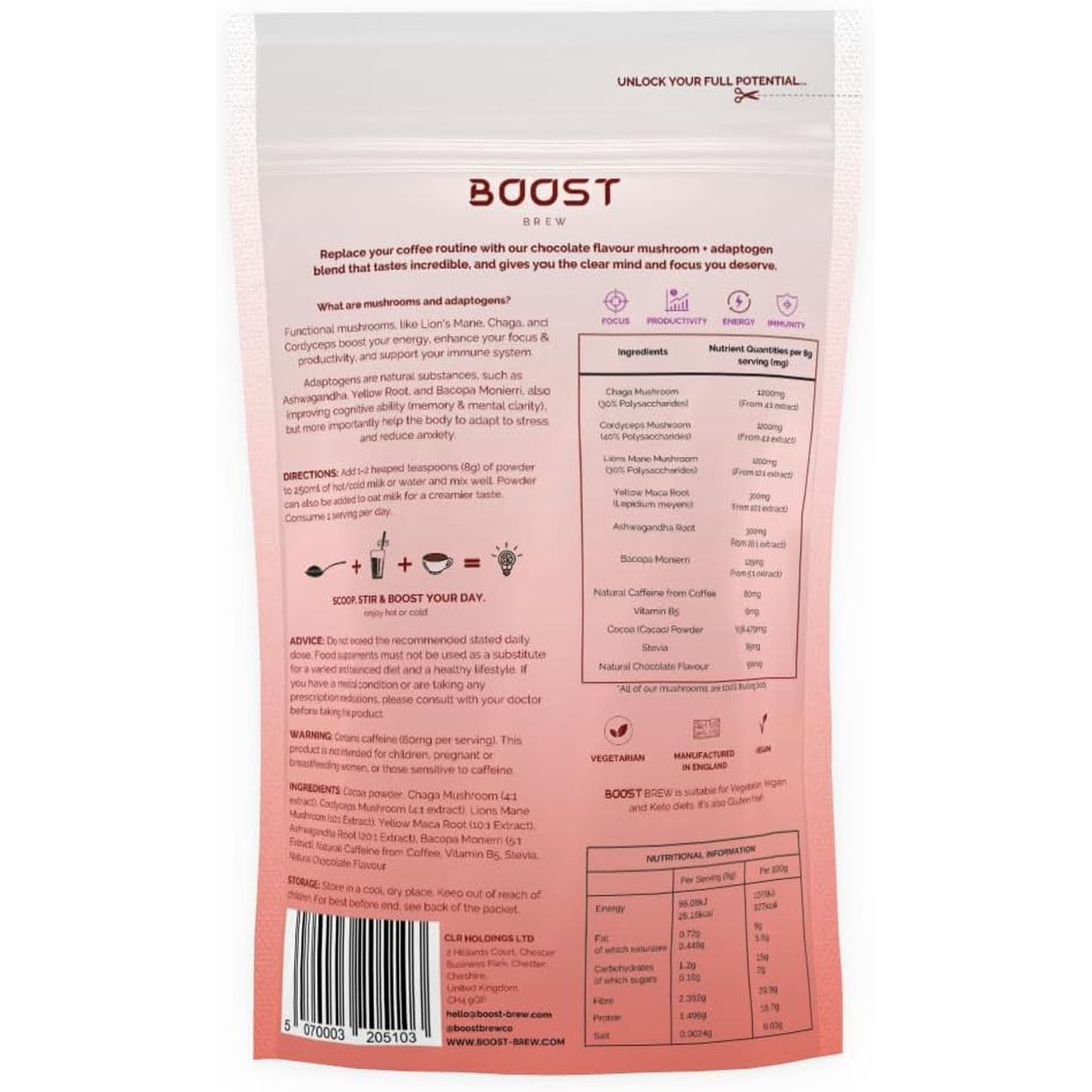 Boost Brew Chocolate Mushroom Coffee Alternative 240G 30 Servings | Lions Mane, Chaga, Ashwagandha, Cordyceps, Maca Root, Bacopa Monnieri, Chocolate Flavoured Mushroom & Adaptogen Vegan Powder Drink