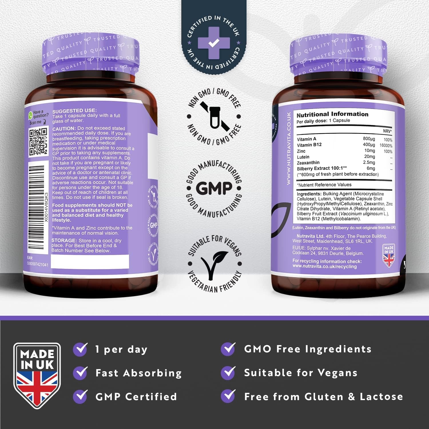 Lutein Natural Eye Supplement – 90 Vegan Capsules - Zeaxanthin, Bilberry Extract, Vitamins A, B12 & Zinc – for Maintenance of Normal Vision – Made in the UK by Nutravita