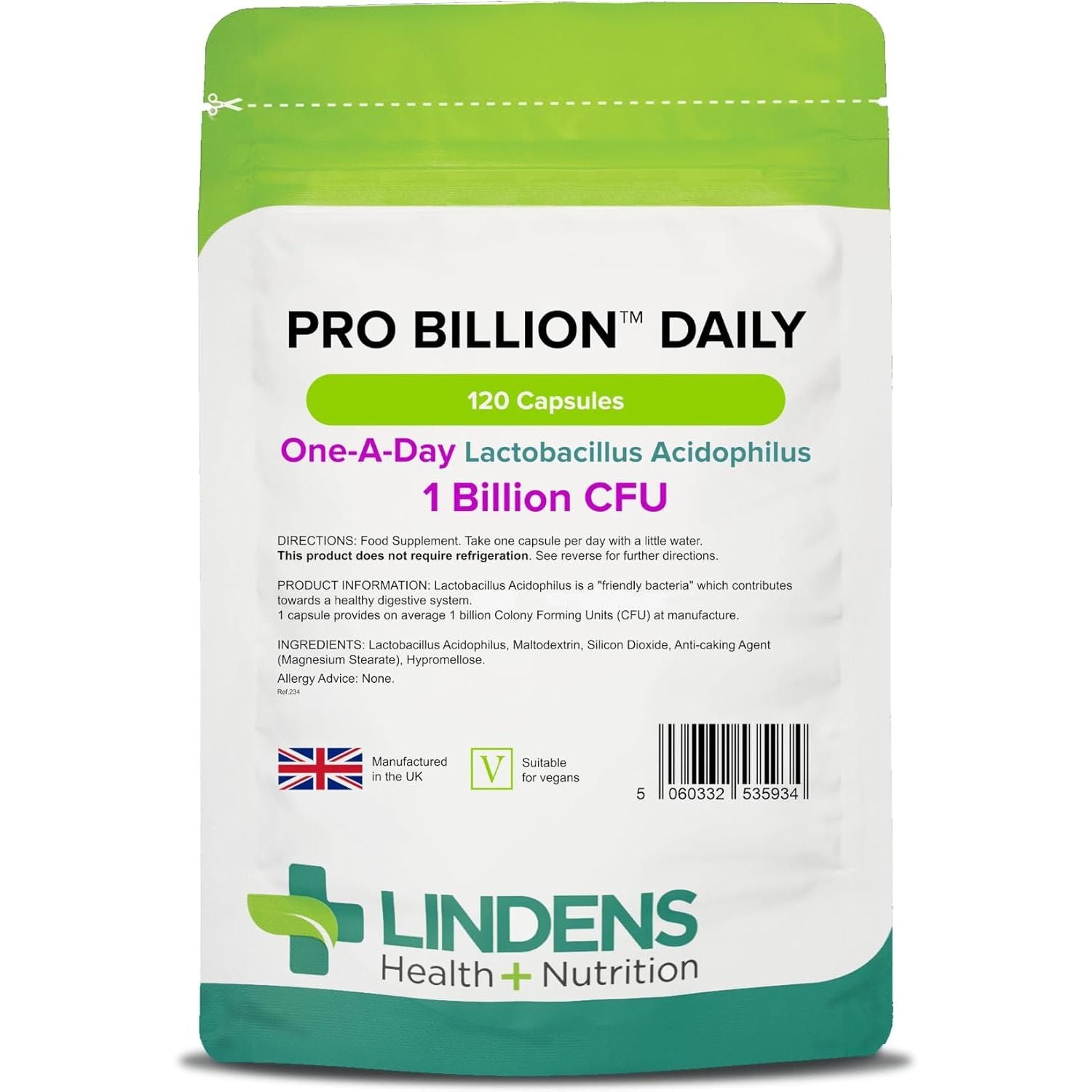 Lindens - Pro Billion Daily - Acidophilus Lactobacillus - 120 Capsules - UK Made - 1 Billion CFU Friendly Bacteria - Supports Digestive Health - Vegan Friendly - GMP & Letterbox Friendly