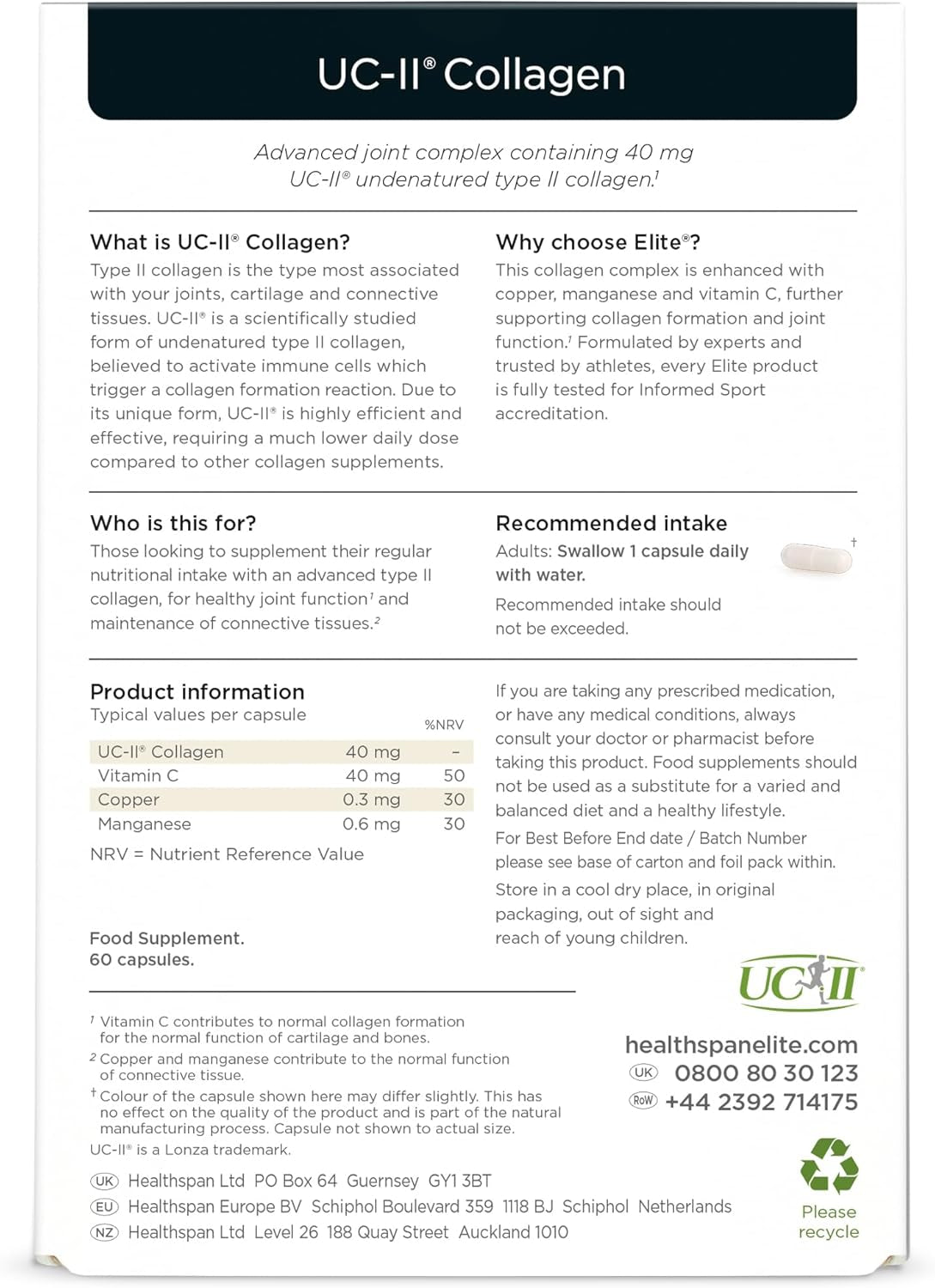 Healthspan Elite UC-II® Collagen (60 Tablets) | Contributes to Normal Collagen Formation | Supports Joint Function and Tendon & Ligament Support | Effective Daily Dose at Just 40 Mg UC-II