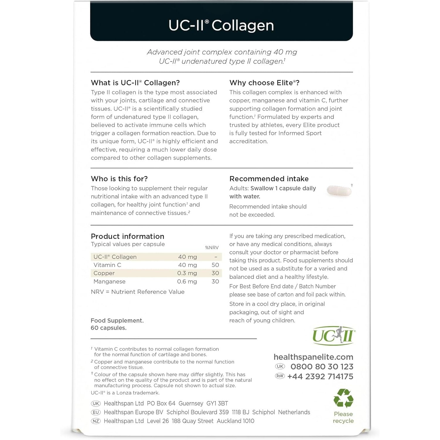 Healthspan Elite UC-II® Collagen (60 Tablets) | Contributes to Normal Collagen Formation | Supports Joint Function and Tendon & Ligament Support | Effective Daily Dose at Just 40 Mg UC-II