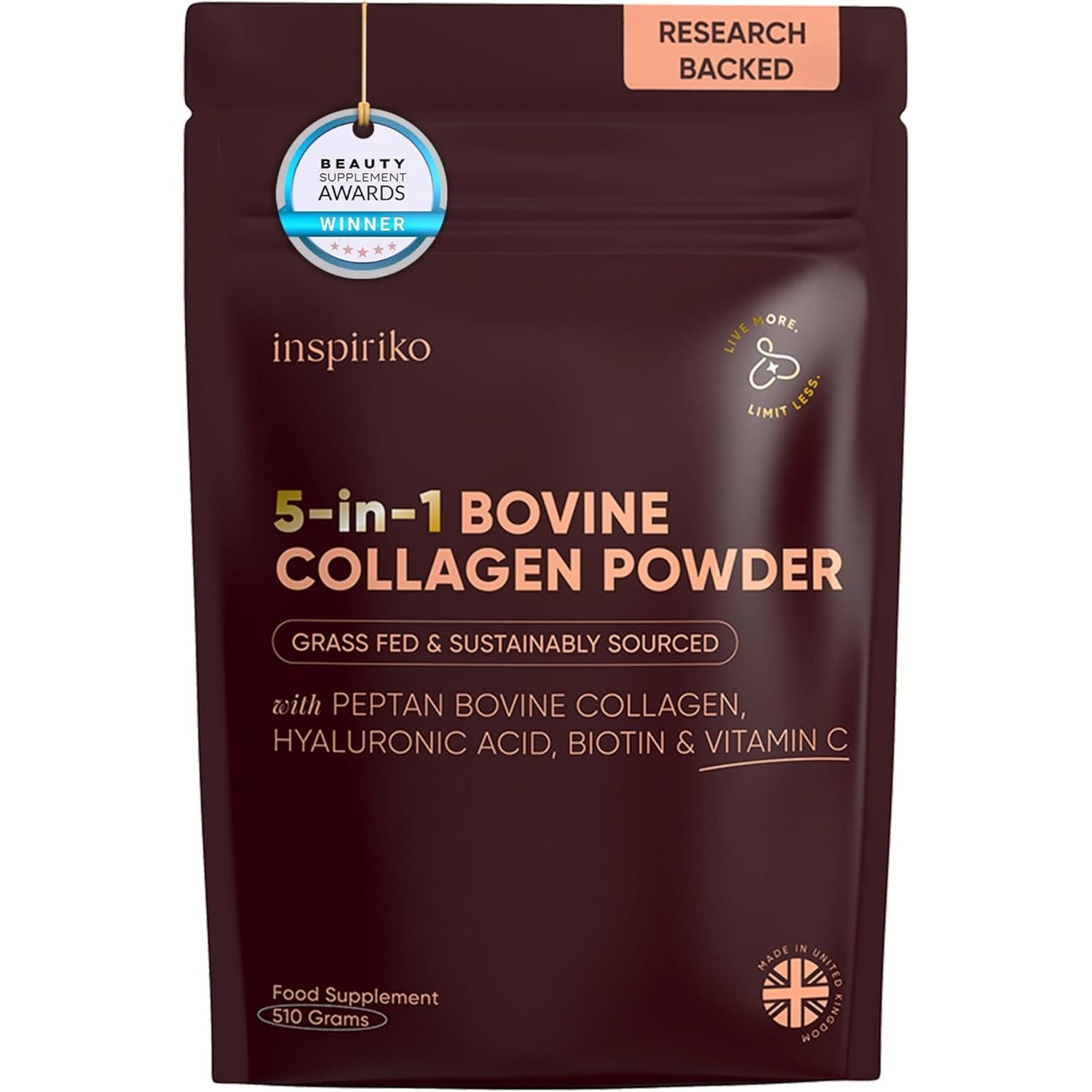 Inspiriko Bovine Collagen Powder for Women. Award Winning, 50 Servings, with Hyaluronic Acid, Biotin & Vitamin C. UK Made, Grass-Fed, 10,000Mg Unflavoured Hydrolyzed Collagen Peptides Powder 510G