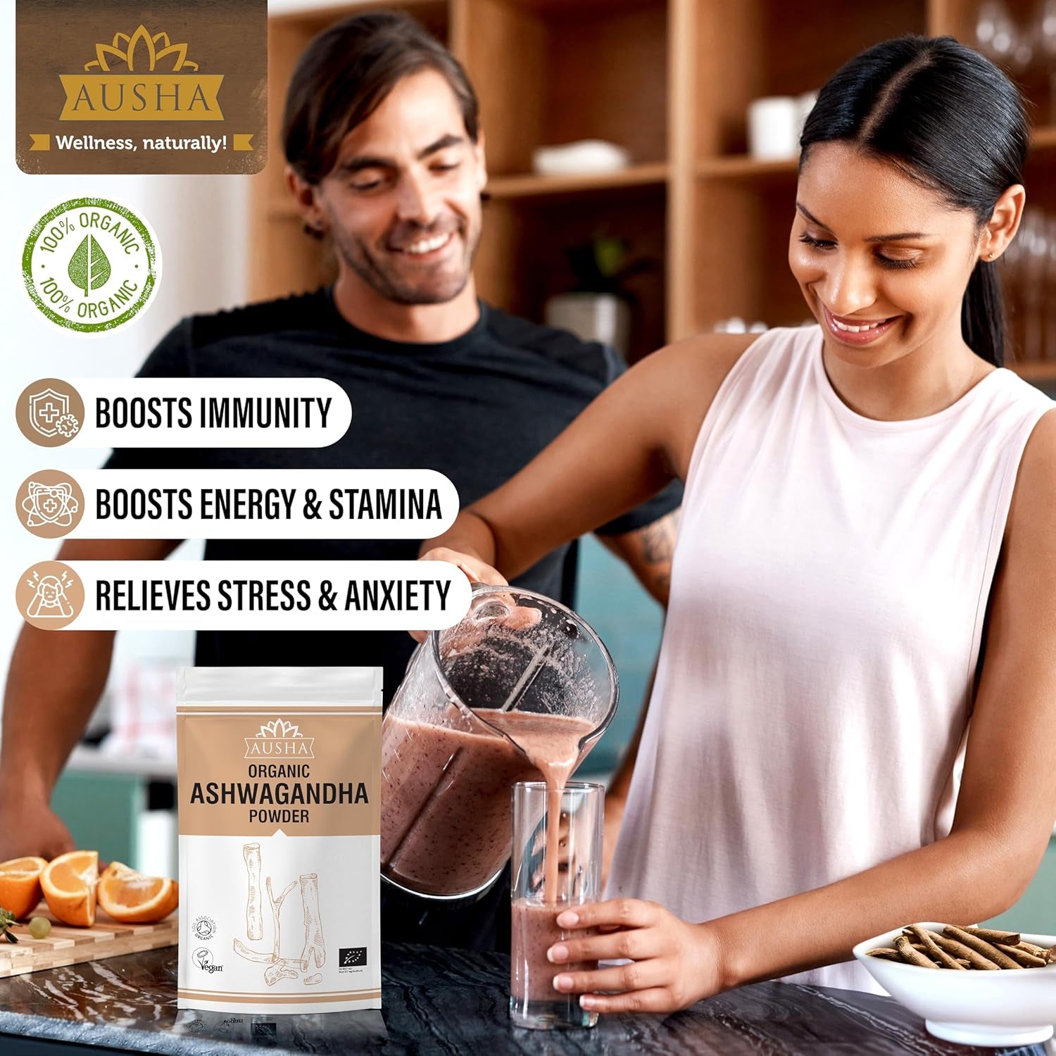 Ausha Organic Ashwagandha Powder 100G High Strength - UK Certified Organic by Soil Association - Stress & Anxiety Relief, Energy, Sleep Aid - Whole Ashwagandha Root Used