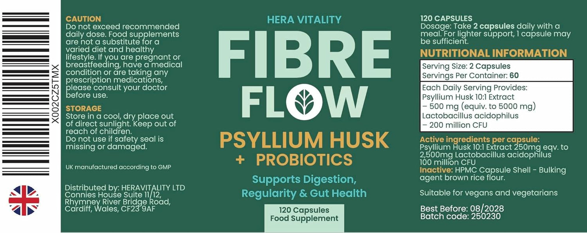 Psyllium Husk Fibre Flow Supplement with Probiotics | 120 Vegan Capsules | Daily Gut, Digestive & Heart Health Support | Natural Stool Fibre Boost HERA Vitality