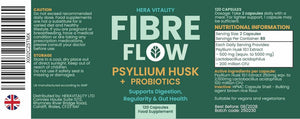 Psyllium Husk Fibre Flow Supplement with Probiotics | 120 Vegan Capsules | Daily Gut, Digestive & Heart Health Support | Natural Stool Fibre Boost HERA Vitality