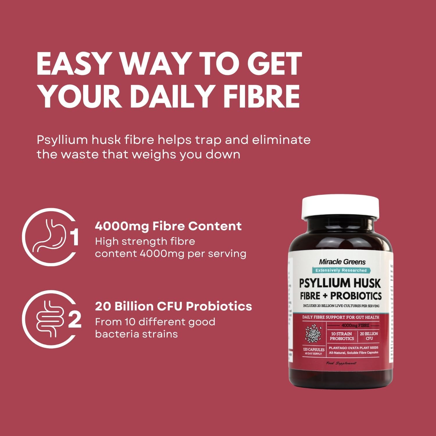 Powerful 4000Mg Psyllium Husk Fibre with Probiotics – 20 Billion CFU with 10 Strains – Natural Easy to Absorb Fibre from Plantago Ovata Seeds - 120 Capsules to Promote Regularity & Digestive Health