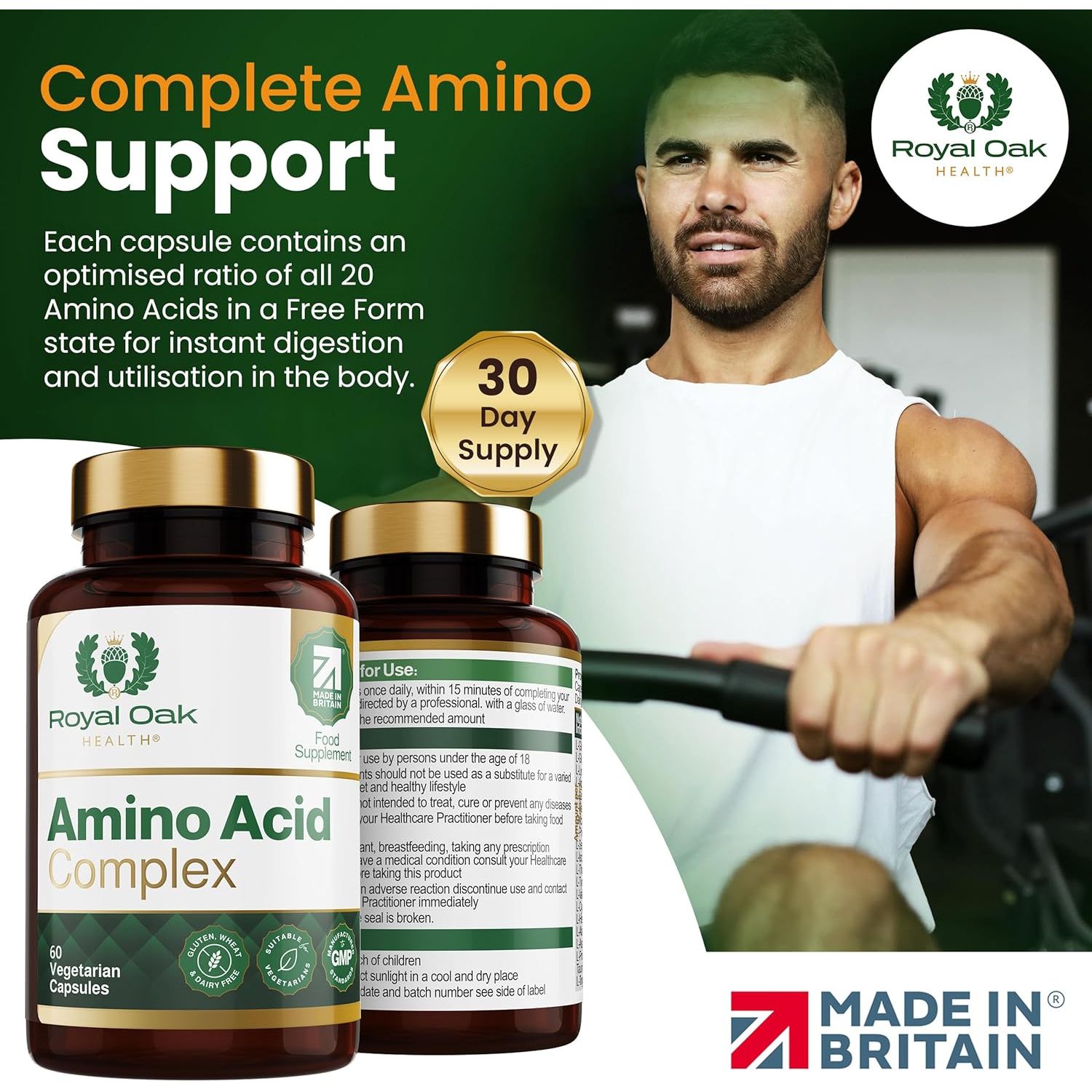 Royal Oak Health Full Spectrum Amino Acid Complex | Complete with All 20 EAA & Bcaas in Free Form for Instant Digestion | Essential & Branch Chain Amino Acids Supplement | 60 Vegan Capsules | UK Made