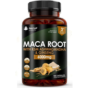 Maca Root Capsules with KSM Ashwagandha and Ginseng - 180 High Strength 6000Mg Maca Root + Ashwagandha KSM-66, Panax Ginseng & Black Pepper - Vegan Capsules Made in the UK