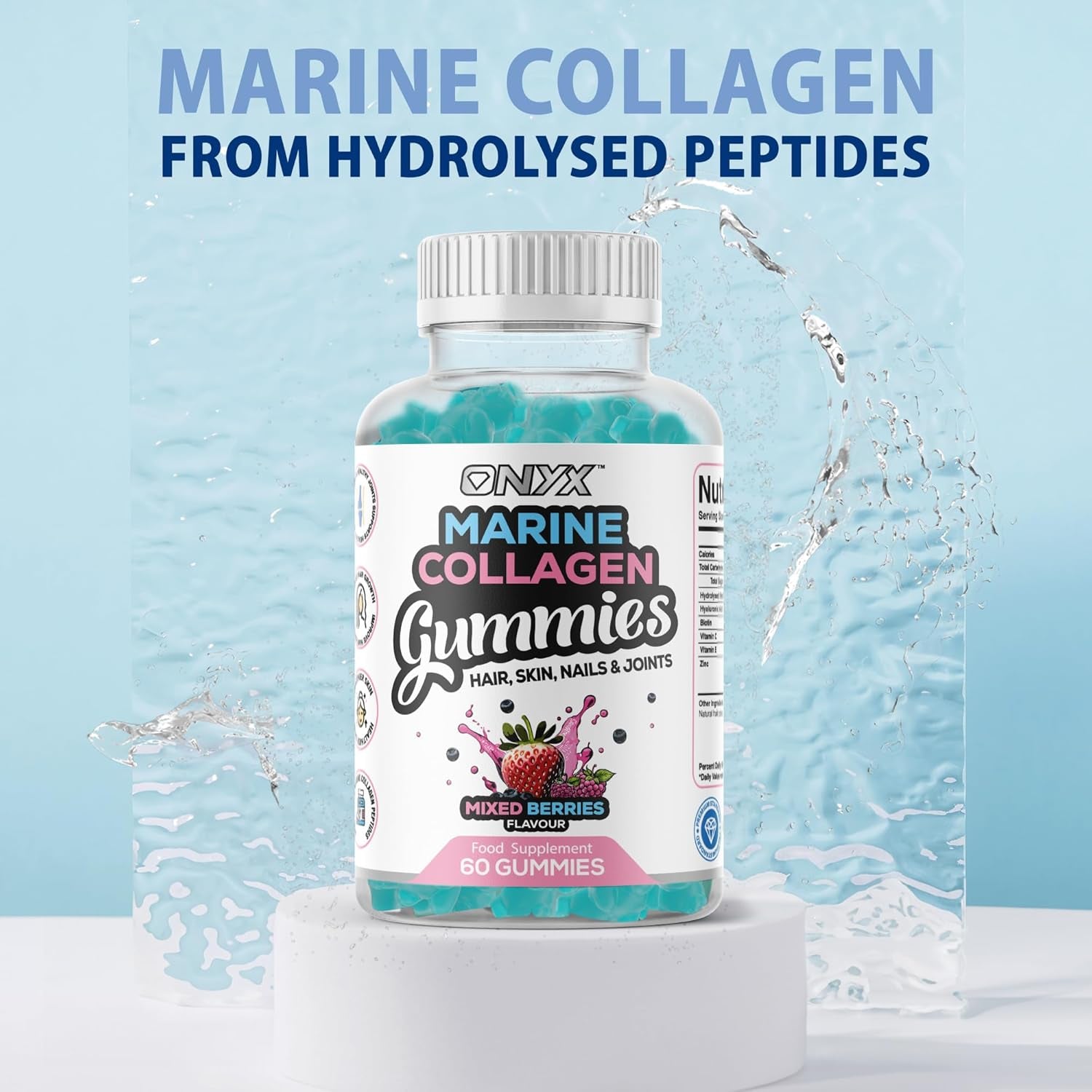 Onyx Marine Collagen 2200Mg with Hyaluronic Acid & Biotin - High Strength Collagen Supplements for Women & Men - 60 Vegan Gummies