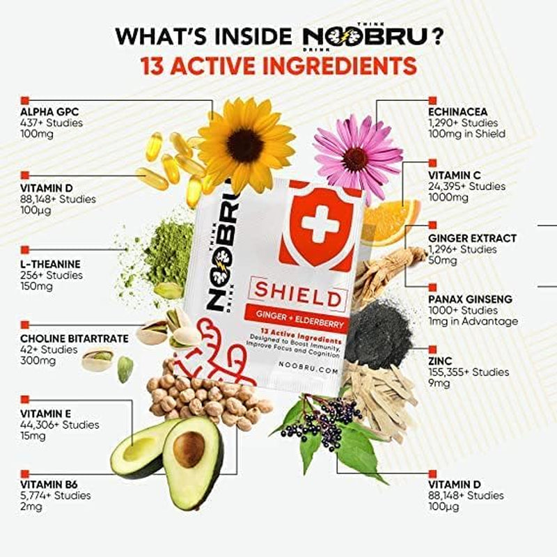 Noobru Shield with Vitamin C Powder and Ginger - Immune System Booster for Perfect Health Condition - Vitamins Blend for Your Body - Nootropic Food Supplements for Sharp Concentration and Quick Mind