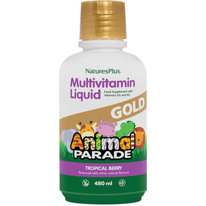 Naturesplus Animal Parade Gold Liquid Multivitamin - Plant Based Kids' Vitamin and Mineral Complex, Natural Tropical Berry Flavour - Gluten Free, Vegetarian - 480Ml