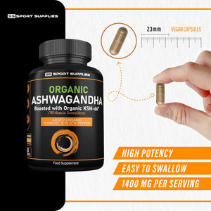 Organic Ashwagandha Capsules 1200Mg - Boosted with 1000Mg of Organic KSM-66 with 5% Withanolides (From 100Mg Extract Ratio 10:1) - Added Turmeric 100Mg and Black Pepper - UK Manufactured