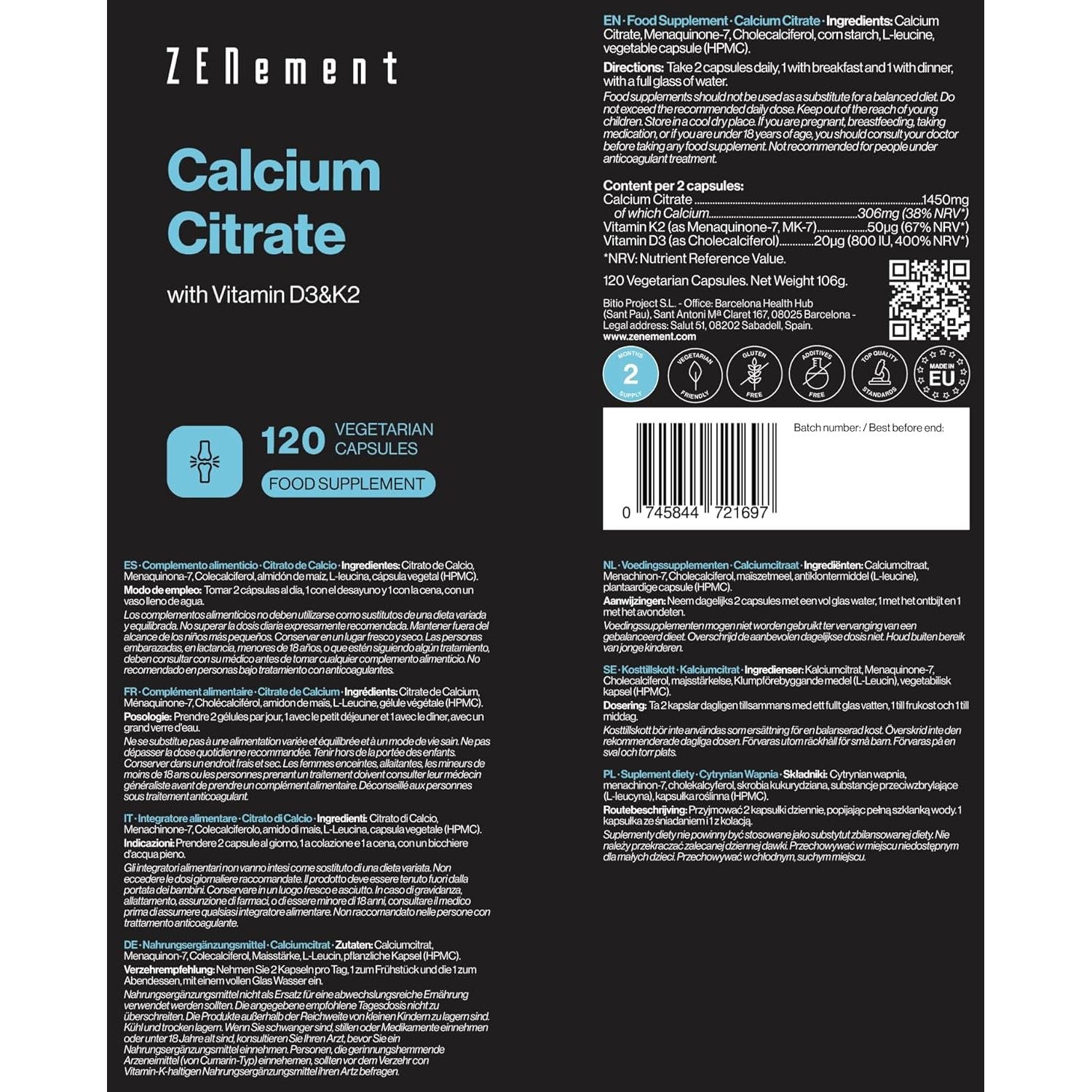 Calcium Citrate with Vitamin D3 and K2 - for Healthy Teeth, Bones and Muscles - Formulated with Enhanced D3 and K2 - Highly Absorbable - 120 Vegetarian Capsules