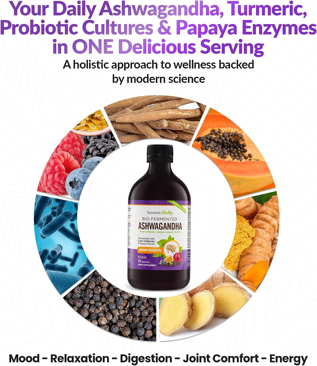 Ashwagandha KSM-66 Liquid Bio-Fermented with Turmeric, Probiotics & Digestive Enzymes for Stress, Mood & Gut Health - Natural Berry Passion Flavour