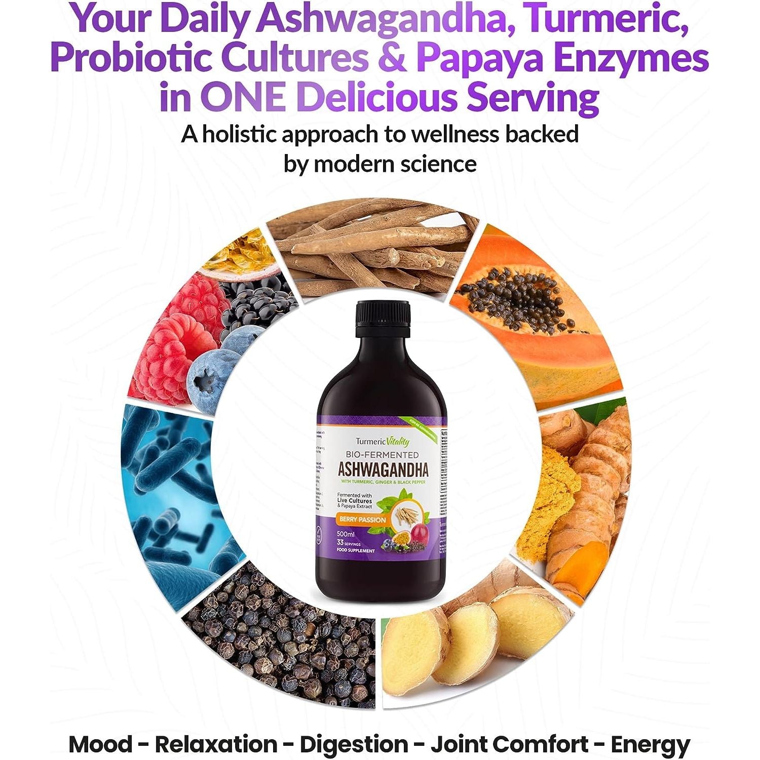 Ashwagandha KSM-66 Liquid Bio-Fermented with Turmeric, Probiotics & Digestive Enzymes for Stress, Mood & Gut Health - Natural Berry Passion Flavour