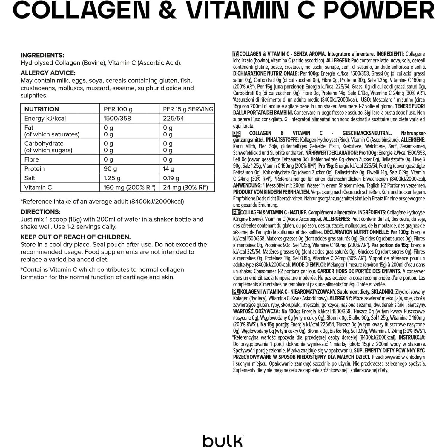 Bulk Collagen Powder with Peptides and Vitamin C, Hydrolysed Bovine Collagen, High Protein Supplement Daily Use in Smoothies, Shakes and Recipes, Joint and Skin Routine, Unflavoured, Easy Mixing 500G