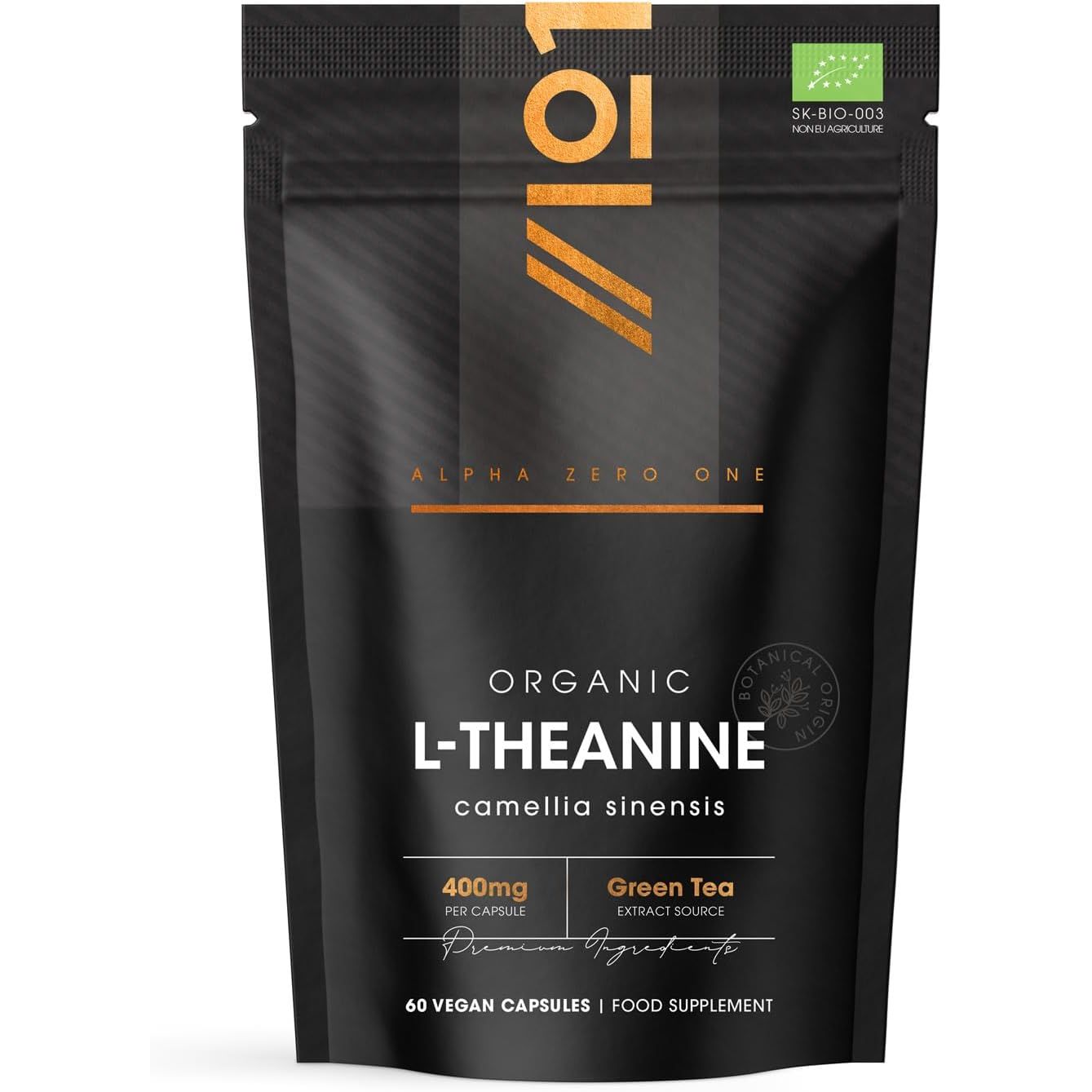 Organic L-Theanine 400Mg from Green Tea Extract - 60 Vegan Capsules (2 Months Supply) - High Strength Theanine Amino Acid Supplement - by Alpha01