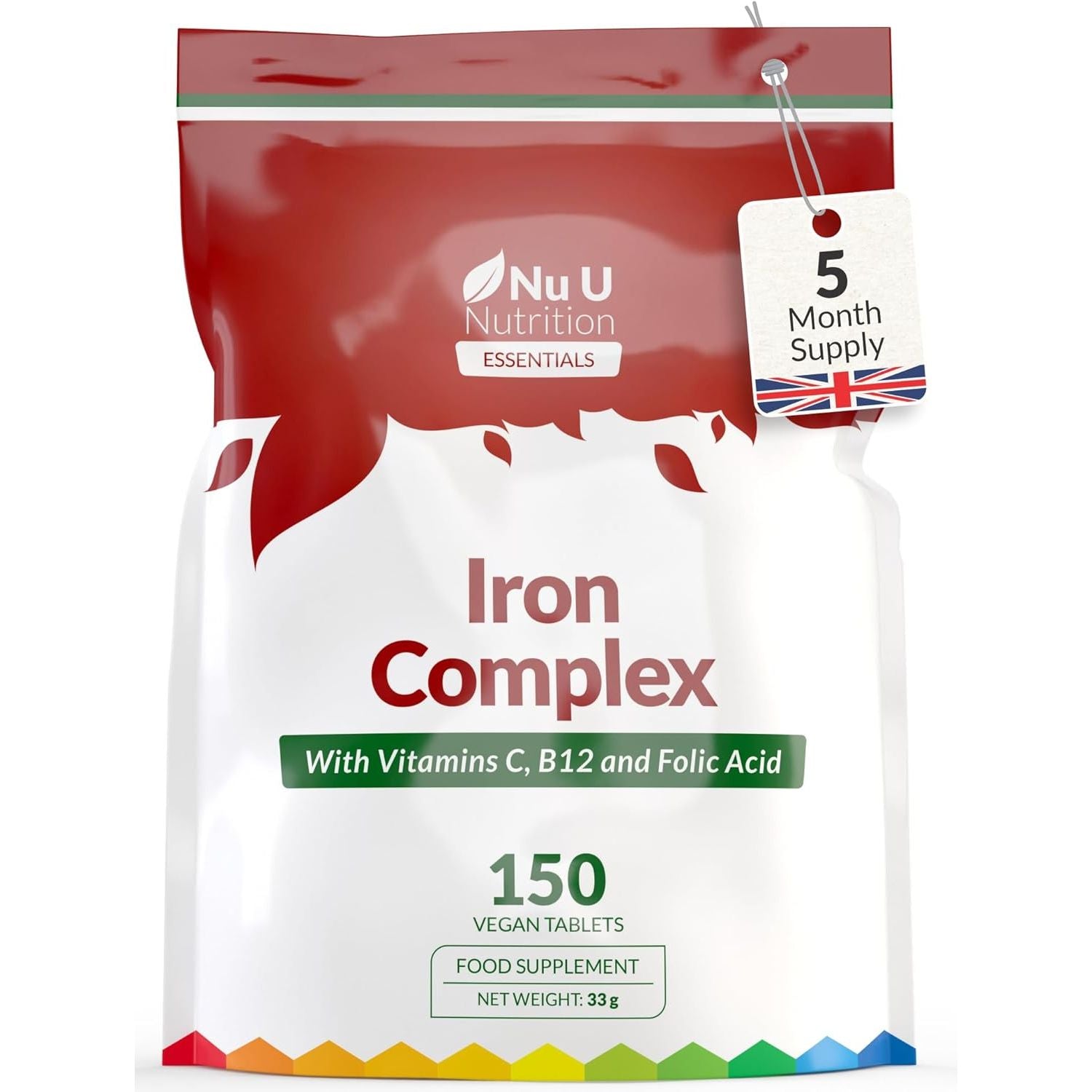Iron Supplement - 150 Vegan Tablets - Complex with Vitamin C, B12 and Folic Acid - High Strength Ferrous Fumarate 14Mg per Tablet - Energy Support for Women & Men - Made in the UK - Nu U Nutrition