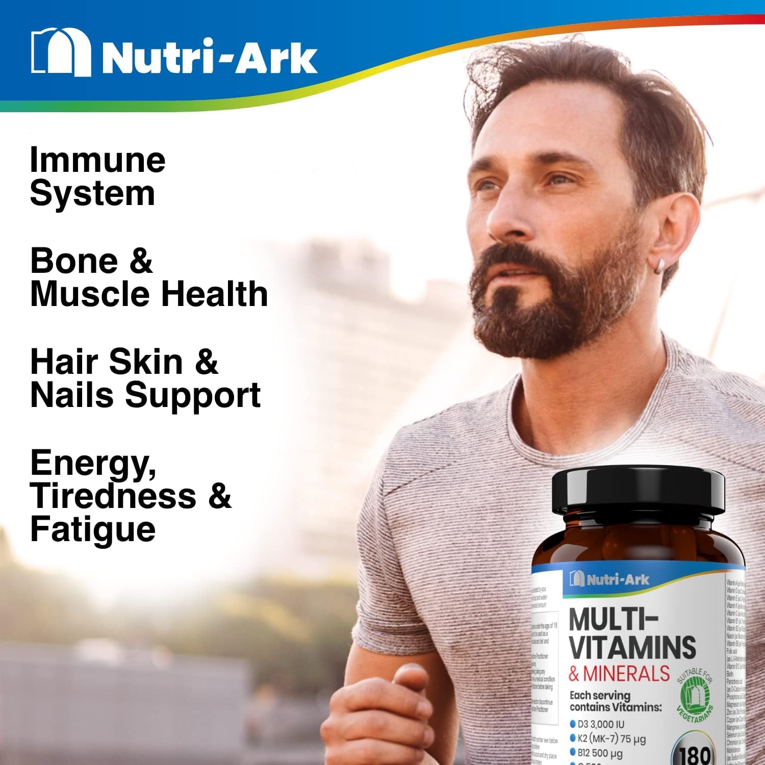 Nutri-Ark Multivitamin | 26 Key Multivitamins & Minerals for Women & Men Including Vitamin B12, K (K2), D (D3), C & Folic Acid | 3 Months Supply | Suitable for Vegetarians