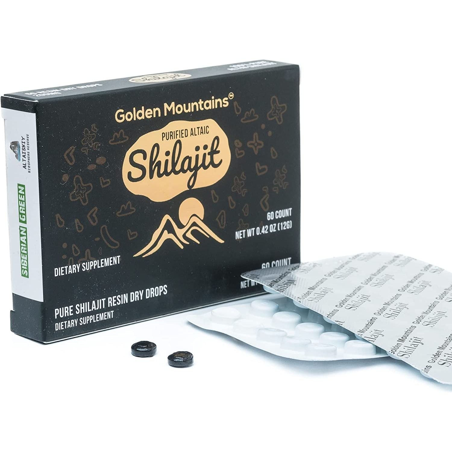 Premium Pure Shilajit Dry Drops by Siberian Green Altai Golden Mountains - 60 Count (200 Mg) Food Supplement Fulvic Acid