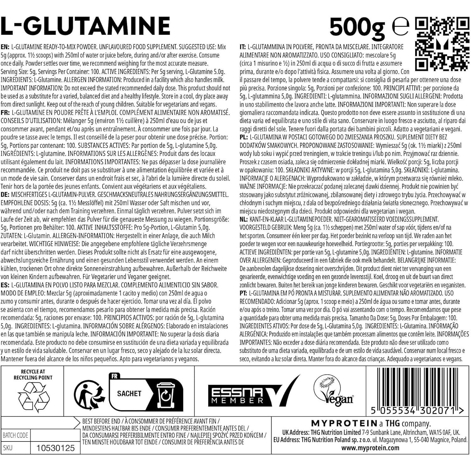Myprotein Unflavoured L Glutamine - 500G