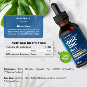 Ionic Zinc Liquid Drops | High Strength 15Mg Supplement from Zinc Sulphate | 900Mg per Bottle - 60Ml Liquid Drops | Suitable for Vegetarians & Vegans | by Horbaach