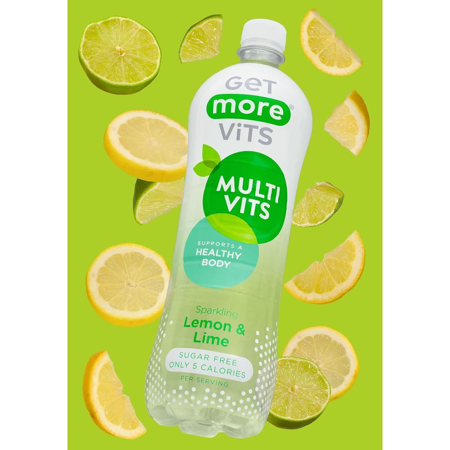 Get More Vits Sparkling Water - Low Calorie, Sugar Free, & Multivitamin Flavoured Water - Fizzy Drink with Vitamin D, C, & B Vitamins - Lemon & Lime Spring Water - 1 Litre Bottles, Pack of 12